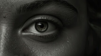 The focus is on a striking human eye highlighting its unique coloration and texture while soft light enhances the intricate details around it