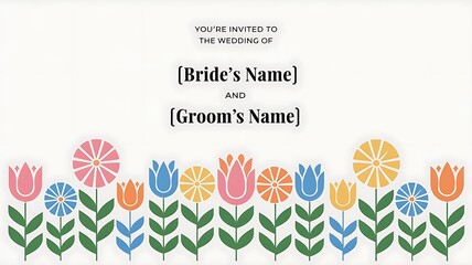 Wedding Invitation with a Floral Border of Tulips and Daisies