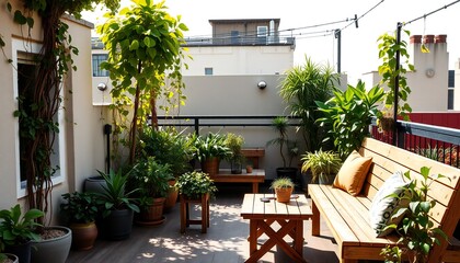Fototapeta premium Cozy Seating Area Surrounded by Lush Greenery on Rooftop Garden