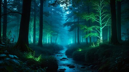 Fototapeta premium Bioluminescent Trees in a Twilight Forest with Glowing Stream