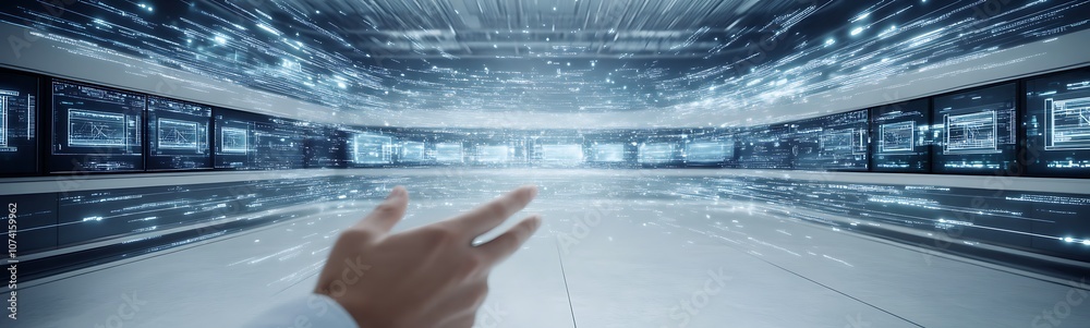 Poster a futuristic hand reaches out in a luminous, high-tech environment filled with sparkling lights and 