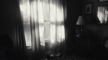 Obraz premium Modern monochrome curtains in layered gray tones, softly gathered with light creating a cozy ambiance