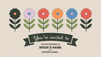 Wedding Invitation with Colorful Flowers and Retro Design