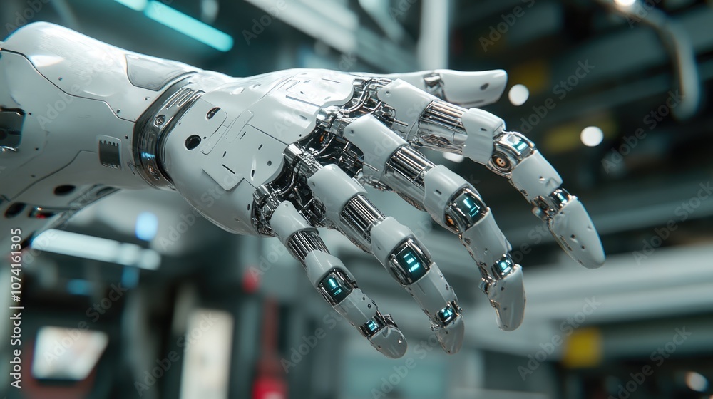 Poster 3d rendering of a robotic hand with a focus on ai technology displayed from a side perspective
