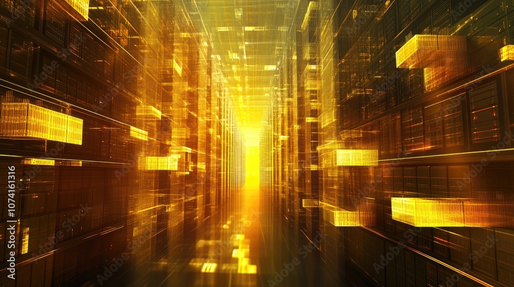 Poster visual representation of financial data analysis in a vast storage space illustrating concepts of sh