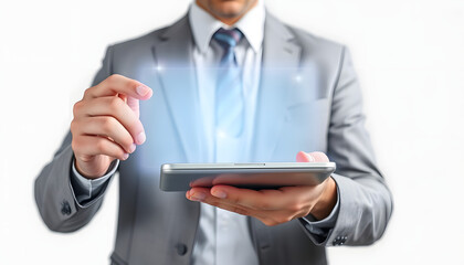 Businessman showing a tablet screen isolated with white highlights, png
