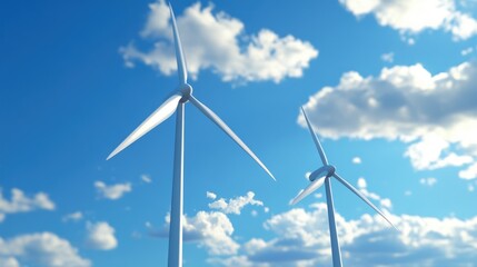 Obraz premium Close up of two wind turbines against a bright blue sky with fluffy white clouds highlighting the significance of modern renewable energy technology in a tranquil environment