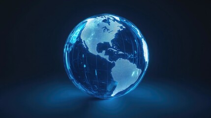 Glowing blue transparent globe on a dark backdrop 3D rendering