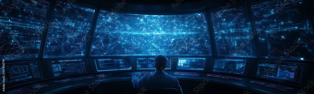 Leinwandbilder a futuristic control room filled with glowing blue lights, displaying a network of data and star-lik