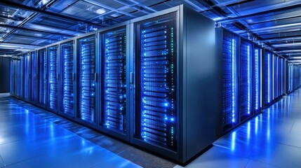 Illustration of a modern server room, a corridor in a data center with supercomputer racks, neon lights and coolers. Ai generated image