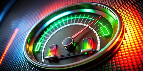 Tilt-Shift Photography of a Gauge Needle LED Illumination Digital Panel with Bar Graph Battery Meter Display Transitioning from Red to Green, Circular Bargraph Instrument for 