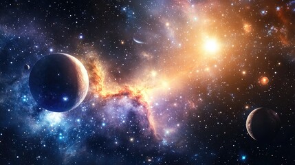 Obraz premium 2D illustration of vast interstellar space featuring bright stars planets moons and comets creating diverse science fiction inspired backgrounds and space art