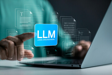 LLM, AI large language model concept, Big data, data transfer, generative ai, natural language generative and data mining. Businessman using laptop with large language model on virtual screen.