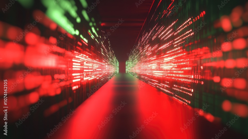 Poster red text displays a failure message in a dynamic green code corridor