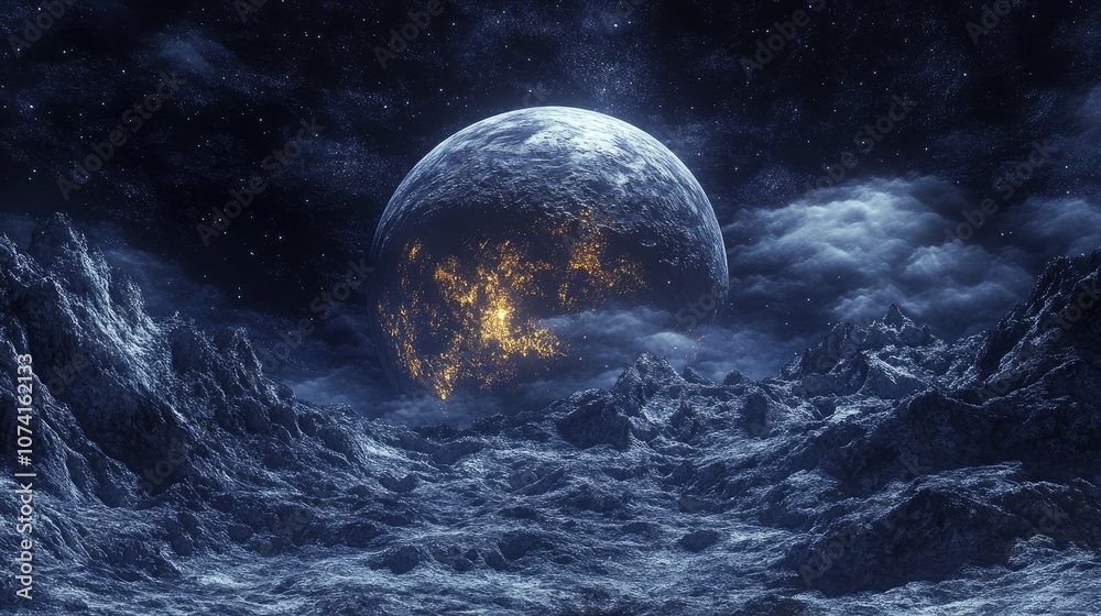 Poster abstract planet reflected on a dark background created using computer generated fractal imagery
