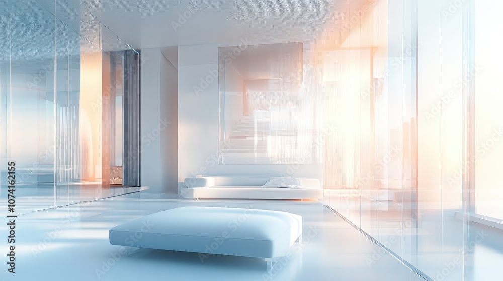 Poster dynamic interior featuring gradient colored objects in a 3d illustration and rendering