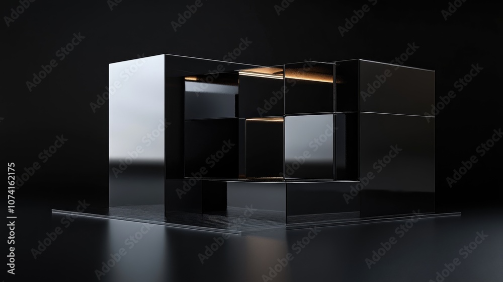Poster 3d rendering featuring a black background with deep boxes and reflective surfaces