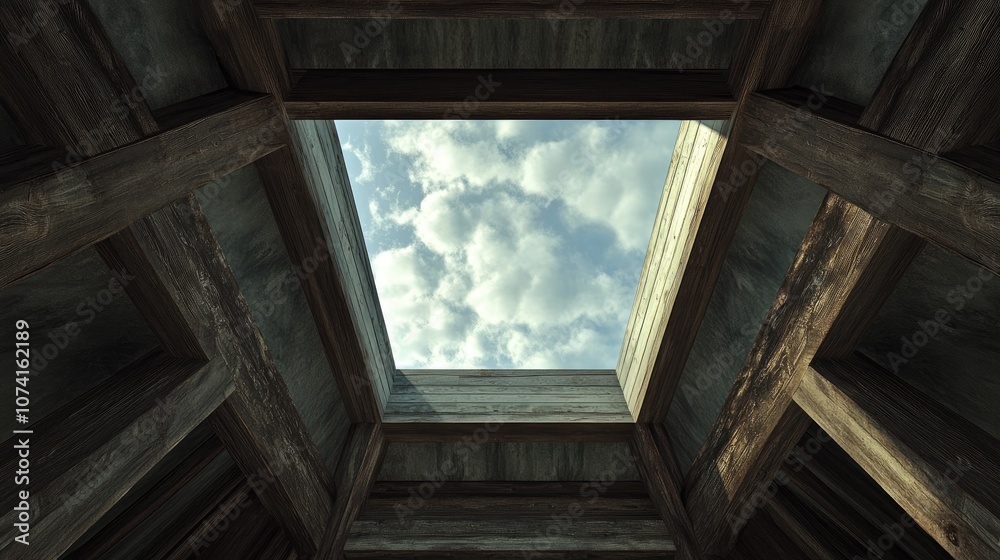 Poster triangular skylight in an attic of a rustic log house under construction with a backdrop of a cloudy