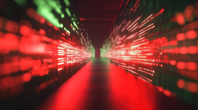 Red text displays a failure message in a dynamic green code corridor