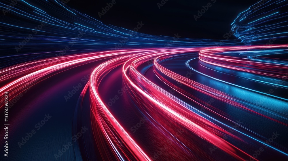 Poster 3d rendering of flashing neon lights illuminating a dark scene with dynamic lines creating a sense o