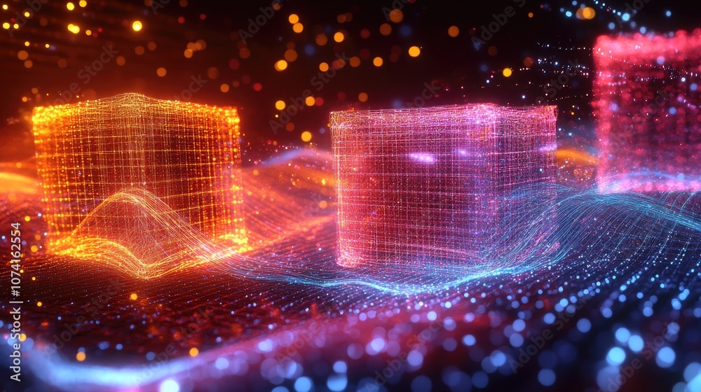 Aufkleber dynamic polygonal chains featuring shifting cubes illuminated lines flow through a moving network of