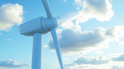 A close up view of a sleek white wind turbine against a bright blue sky highlighting the innovative design and clean energy capabilities of contemporary renewable technologies