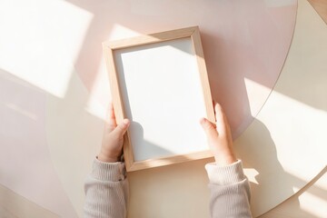 Soft pastel setting with child holding wooden frame and blank paper