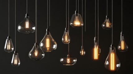 Various glass light bulbs suspended from above