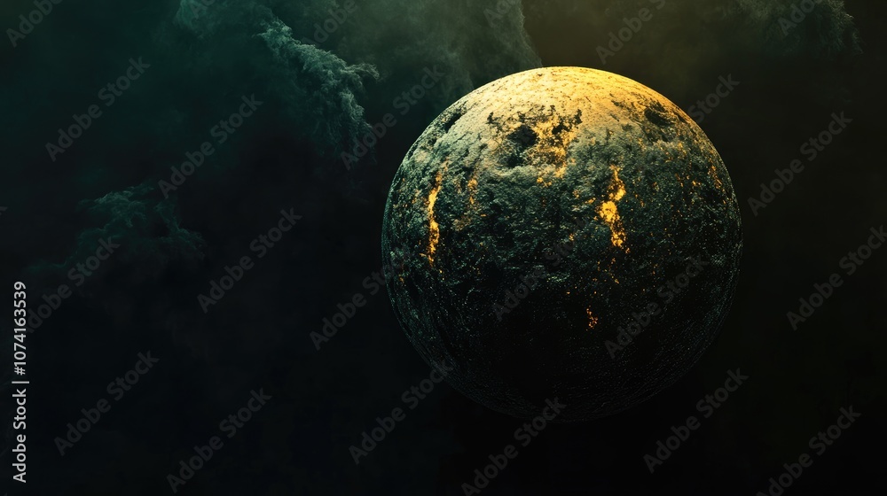 Poster abstract planet reflected on a dark background created using computer generated fractal imagery