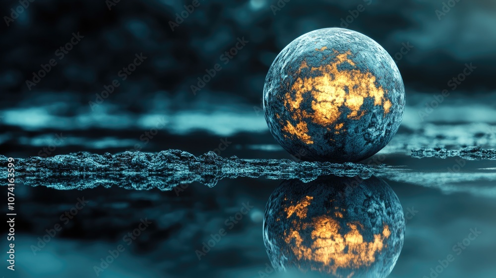 Poster abstract planet reflected on a dark background created using computer generated fractal imagery