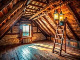 Aerial View of an Empty Attic Room Featuring Wooden Beams, Vintage Lantern, and Ladder in a Classic Interior Design Style