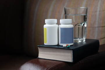 Mockup of jars for vitamins, nutritional supplements and medicines. Food additives products. Blank label. Place for inscription and logo.