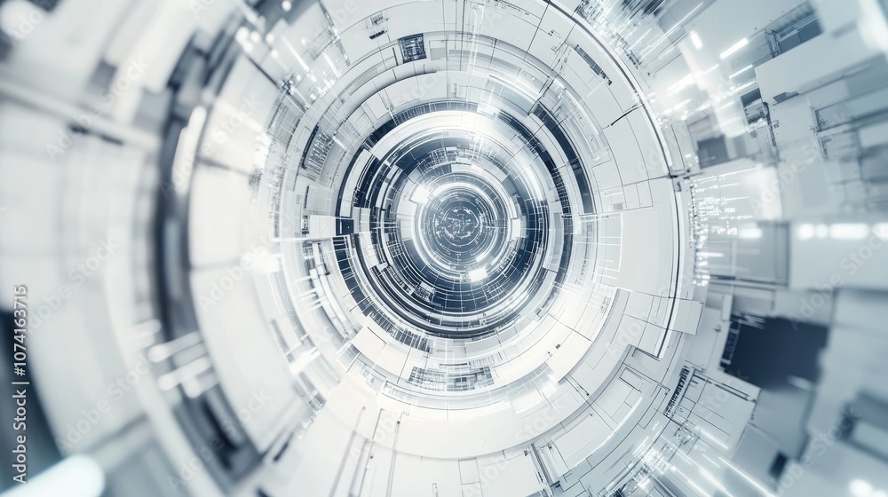 Poster abstract grey and white technology backdrop featuring diverse tech elements illustrating a high tech