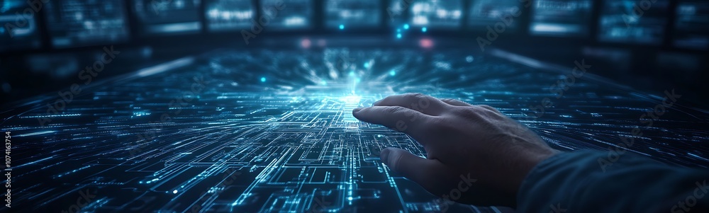 Aufkleber A futuristic hand touches a glowing digital interface, symbolizing technology and data interaction in a high-tech environment.