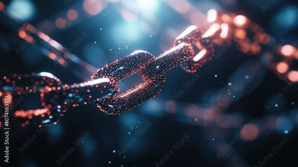 Poster depth of field with interconnected chain links representing cryptocurrency and the concept of digita