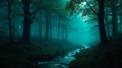 Fototapeta premium Bioluminescent Trees in a Twilight Forest with Glowing Stream