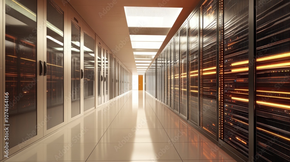 Poster image of a corridor in a data center featuring rows of rack servers and supercomputers alongside a v