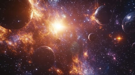2D illustration of a vast space filled with bright stars planets and moons featuring imaginative science fiction backdrops and realistic cosmic elements