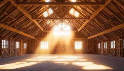 Sunlight streams through the windows of a rustic wooden barn, illuminating the interior with a warm glow.