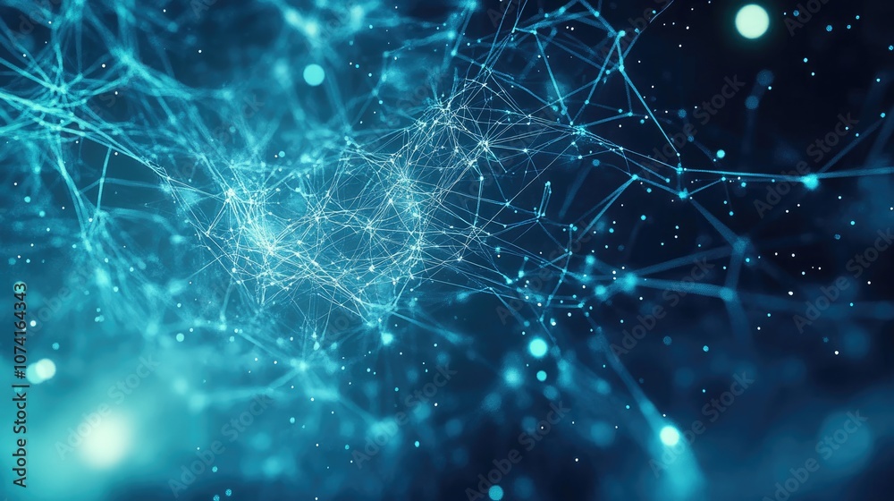 Poster abstract design featuring data flow and neural connections against a tech blue background illustrati