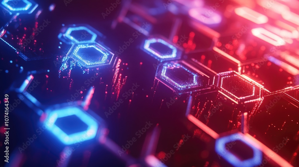 Poster abstract geometric texture featuring a blue and red hexagon representing concepts of science and tec