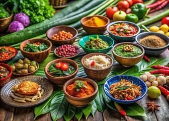 Fototapeta premium Traditional Khmer Cuisine: A Tilt-Shift Exploration of Authentic Cambodian Dishes, Fresh Herbs, and Spices Celebrating Cambodia’s Rich Culinary Heritage
