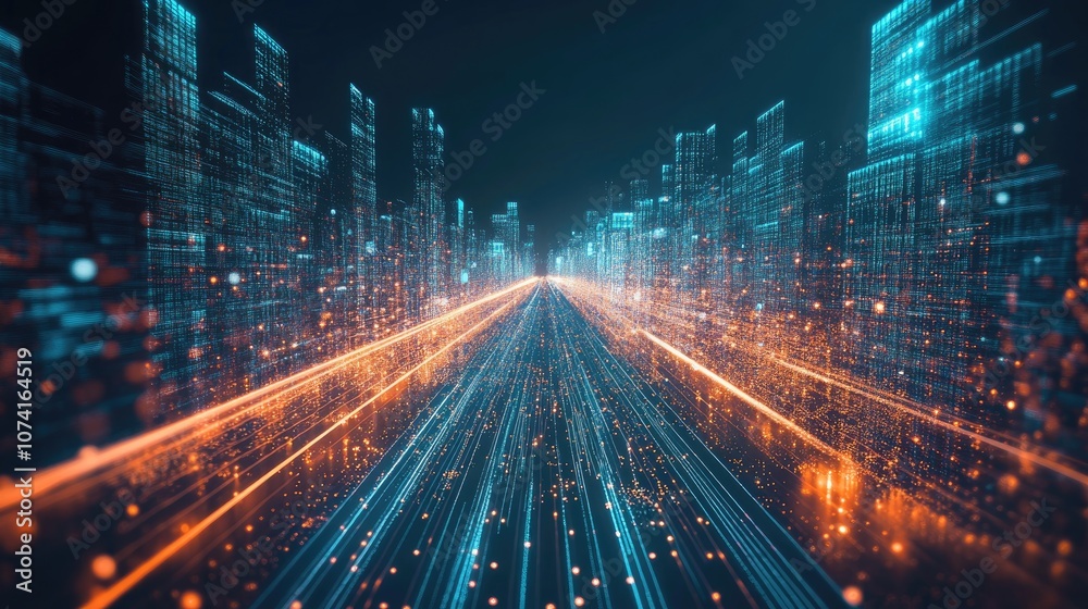 Aufkleber 3d rendering of an abstract highway surrounded by digital towers represents concepts of big data mac