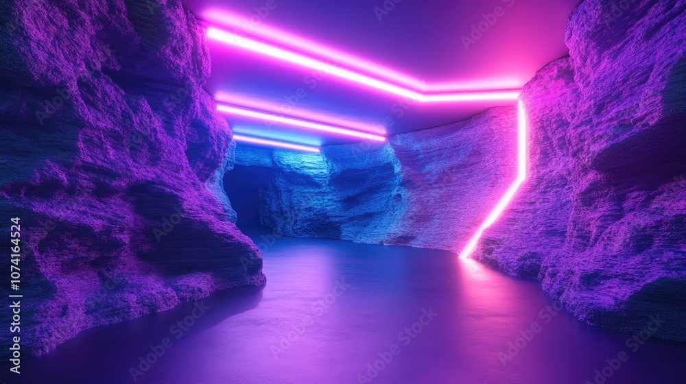 Poster 3d rendered abstract background featuring a neon light beam creating a tunnel like corridor with roc