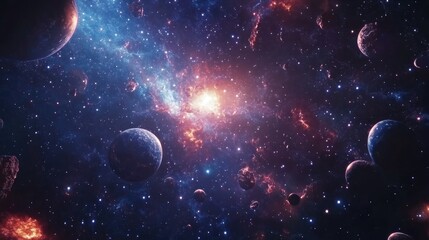 2D illustration of a vast space filled with bright stars planets and moons featuring imaginative science fiction backdrops and realistic cosmic elements