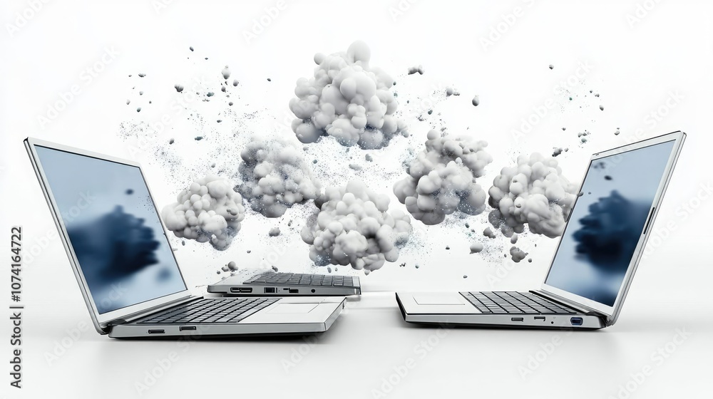 Poster laptops generating cloud explosions in a futuristic display generative ai