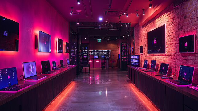 Modern Gaming PC Store with Vibrant Pink and Purple LED Lighting and High-End Computers