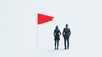 Red Flag: A symbolic image of ambition and determination, two business professionals stand back-to-back, gazing towards a red flag, signifying their unwavering commitment to achieving their goals.  