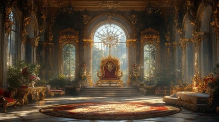 Obraz premium A grand throne room with ornate gold detailing and a large window overlooking a garden.