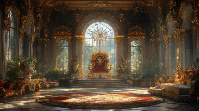 A grand throne room with ornate gold detailing and a large window overlooking a garden.